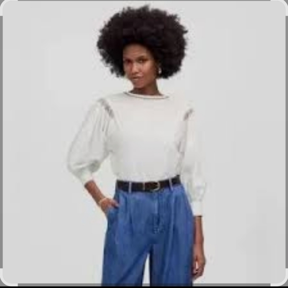 Madewell White Blouse with Black Stitching